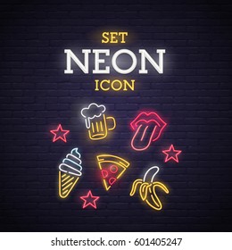 Set neon icon. Neon sign, bright signboard, light banner. 