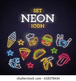 Set neon icon. Neon sign, bright signboard, light banner. 