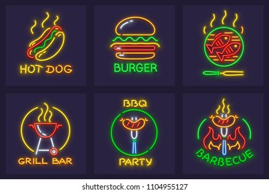 Set of neon icons for barbecue and cooking food on grill for picnic. Hot dog, burger, grilled fishes and sausages on fire for bbq grill party. EPS10 vector illustration.