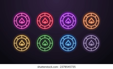 A set of neon icons of casino and poker chips in different bright colors on a dark background.