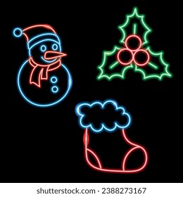 a set of neon icons with a Christmas theme. vector illustration