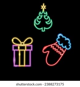 a set of neon icons with a Christmas theme. vector illustration