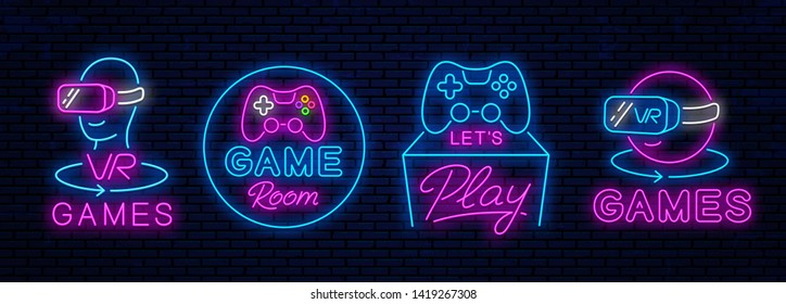 Set of neon icons for decoration in gaming clubs. Vector neon icons, signs for advertising game clubs. Virtual reality and classic.