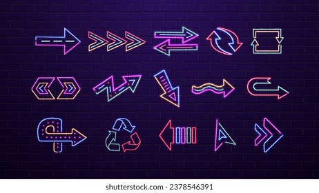 A set of neon icons of different arrows for the casino in the colors blue, orange, yellow, red, purple, green on a brick wall background.