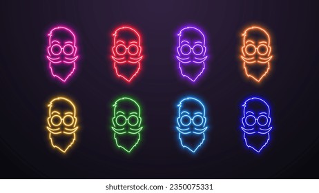 A set of neon icons of a face with a beard, mustache and hair for a barber shop in colors: green, blue, red, purple, pink, orange, yellow on a dark background.