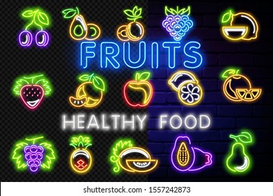 Set of neon icons of fruits and berries. Pear, cherry, tropical pineapple and banana, ecologically clean organic food for healthy lifestyle. Set neon sign. bright signboard, light banner. Neon logo