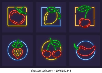 Set of neon icons with fruits and vegetables. Tomato, Lemon, pepper, strawberry and cherry berries. Vector illustration.