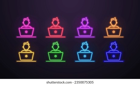 A set of neon icons with a gamer, programmer, hacker, office worker in different colors on a dark background.