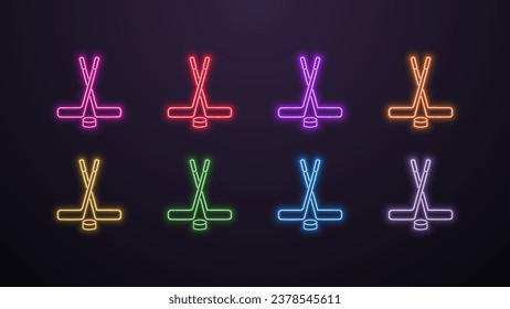 A set of neon icons of hockey sticks with a hockey puck in different colors on a dark background.