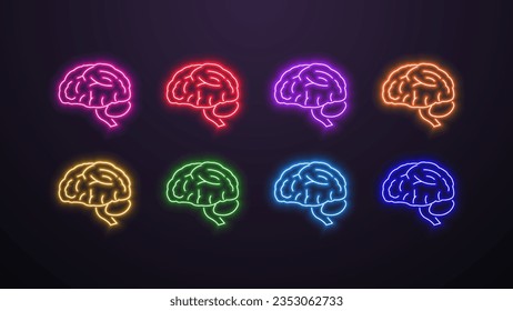 A set of neon icons of the human brain in different colors on a dark background. A concept for AI.