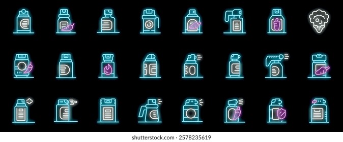 Set of neon icons illustrating household cleaning product containers