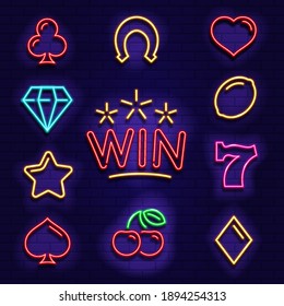 Set of neon icons. Neon images for casinos, bars, cafes. Vector illustration