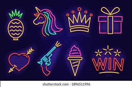 Set of neon icons. Neon images for casinos, bars, cafes. Vector illustration