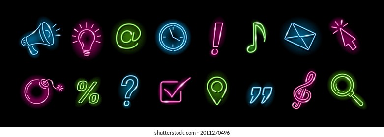Set of neon icons isolated on black background for social media or business: questional, exclamation mark, musical note, lightbulb, percentage sign, envelope, magnifier. Vector 10 EPS illustration.