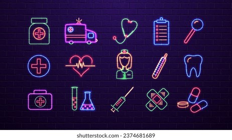 A set of neon icons for medicine and healthcare in green, red, blue, yellow, purple, white on a brick wall background.