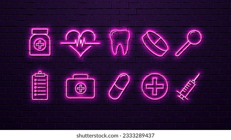 A set with neon icons for medicine: heart, cross, syringe, capsule, tablet, tooth, magnifying glass against a purple brick wall.