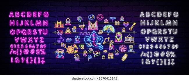 Set of neon icons on the theme of India.Vector illustration in neon style for your design