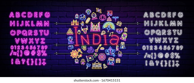 Set of neon icons on the theme of India.Vector illustration in neon style for your design