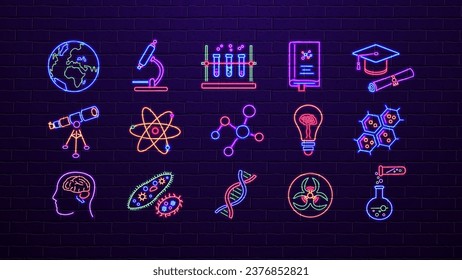 Un conjunto de íconos de neón sobre el tema de la ciencia, la medicina y la educación en los colores azul, amarillo, naranja, verde, rojo sobre el fondo de una pared de ladrillo morado.