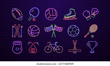 A set of neon icons on the theme of sports in different colors blue, yellow, orange, red, purple, pink on a brick wall background.