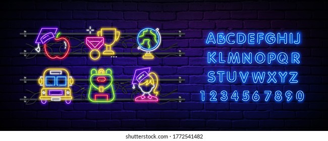 Set of neon icons for school greeting card design template neon vector. Modern trend design, the beginning of the school year neon sign, light banner. Set of neon letters, alphabet. Vector.