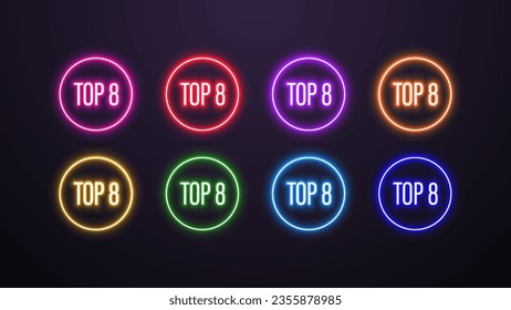 Set of neon icons top 8 on a dark background.