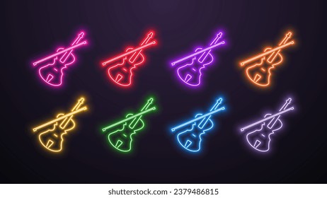 A set of neon icons of the violin musical instrument in different colors on a dark background. Logo for music.