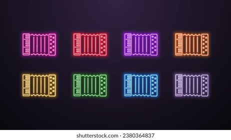 A set of neon icons of the violin musical instrument in different colors on a dark background. Logo for music.
