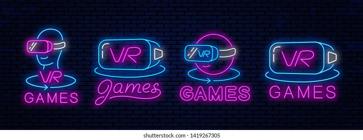 Set of neon icons of virtual reality. Vector bright neon icons, signs, symbols, signboards to decorate gaming clubs of virtual reality.