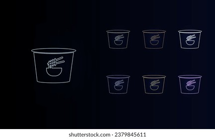 A set of neon instant noodles symbols. Set of different color symbols, faint neon glow. Vector illustration on black background