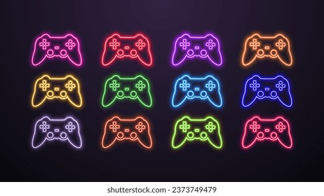 Un conjunto de joysticks de neón para juegos y deportes cibernéticos en los colores blanco, azul, naranja, amarillo, rojo, violeta, rosa y verde sobre un fondo oscuro.