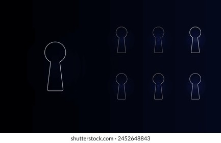 A set of neon keyhole symbols. Set of different color symbols, faint neon glow. Vector illustration on black background