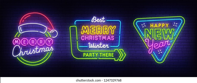 Set neon label Merry Christmas and Happy New Year. Logo, label and emblem. Neon sign, isolated sticker, bright signboard, light banner. Vector illustration