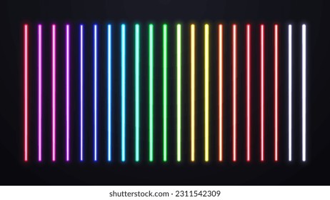 Un conjunto de lámparas de neón de diferentes colores. Láseres brillantes brillantes brillantes en un fondo oscuro.