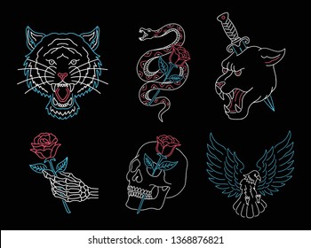 Set of neon light animals, skulls and roses.
tiger, panther, snake and eagle vector illustration.