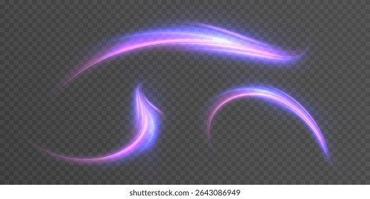 Set of neon light arcs with pink-purple glow and soft diffusion. Elements of movement and energy for interfaces, games and abstract effects.