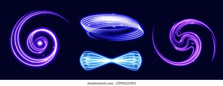 Set of neon light effects isolated on transparent background. Vector realistic illustration of purple, blue magic swirls with sparkles, shimmering portals, energy rings, futuristic portal