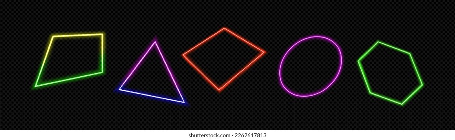 Set of neon light geometric figures glowing isolated on transparent background. Vector realistic illustration of colorful rectangle, circle, hexagon, triangle and rhombus laser frames. Design elements