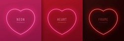 Set Of Neon Light Heart Shape Frame Design On Red, Pink, Black Background. Elements Valentine Day Festival Design. Collection Of Geometric Backdrop For Product Display In Top View Scene. Vector EPS10.