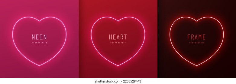 Set of neon light heart shape frame design on red, pink, black background. Elements valentine day festival design. Collection of geometric backdrop for product display in top view scene. Vector EPS10.