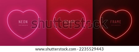 Set of neon light heart shape frame design on red, pink, black background. Elements valentine day festival design. Collection of geometric backdrop for product display in top view scene. Vector EPS10.