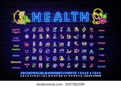 A set of neon light icons on the theme of health. Alternative medicine neon. Yoga . Health care. The outer glow effect. A sign with the alphabet, numbers, and symbols.
