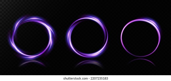 Set of neon light rings. Whirlwind effect. Curve blue, purple, gold line light effect. Abstract dark background, rings with glowing swirling sights, and various backgrounds. Energy flow tunnel. Blue p