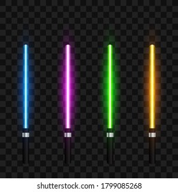 Set of neon light swords, isolated on transparent background, vector illustration.