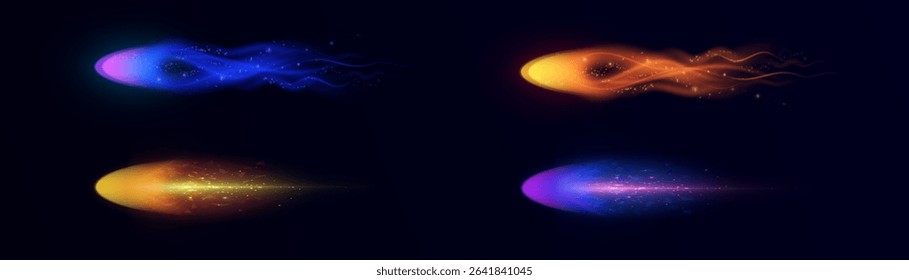Set of neon light tails with shimmering particles and motion energy on dark background. Colorful light comets and trails for sci-fi, speed and magic design.