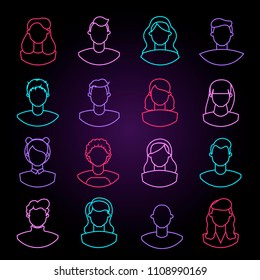 set of neon linear flat icons. user. face. vector illustration