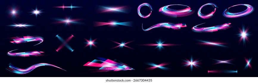 Conjunto de líneas de neón, borrosas en espirales en movimiento. Líneas de velocidad en espiral brillantes y brillantes de neón efecto de luz de color púrpura y azul.