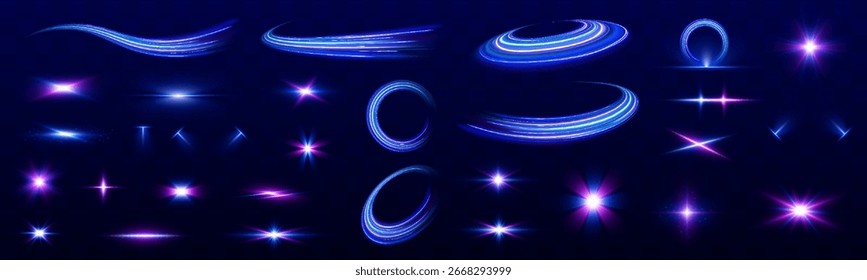 Conjunto de líneas de neón, borrosas en espirales en movimiento. Líneas de velocidad en espiral brillantes y brillantes de neón efecto de luz de color púrpura y azul.