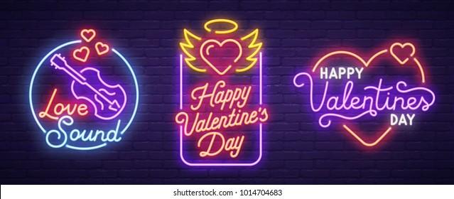 Set neon logo, label, emblem. Happy Valentine's Day. Neon sign, bright signboard, light banner. 