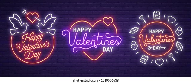 Set neon logo, label, emblem. Happy Valentine's day. Love Day. Neon sign, bright signboard, light banner. 